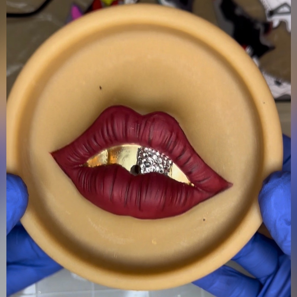 Custom Made Matte Red Lip trinket dish/incense holder Gold & Rhinestone Teeth